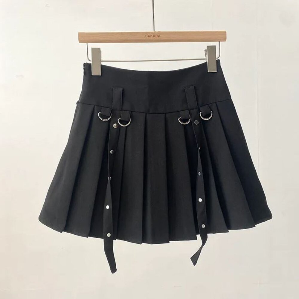 Happy Bird High Waist Plain Buckled Pleated Mini A-Line Skirt / US S / YesStyle